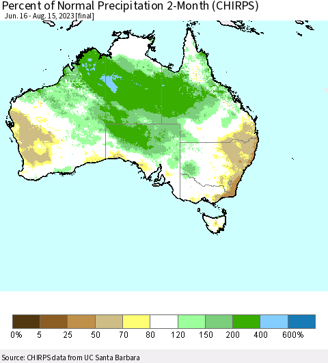 Australia Percent of Normal Precipitation 2-Month (CHIRPS) Thematic Map For 6/16/2023 - 8/15/2023