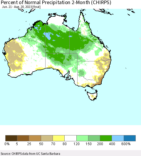 Australia Percent of Normal Precipitation 2-Month (CHIRPS) Thematic Map For 6/21/2023 - 8/20/2023