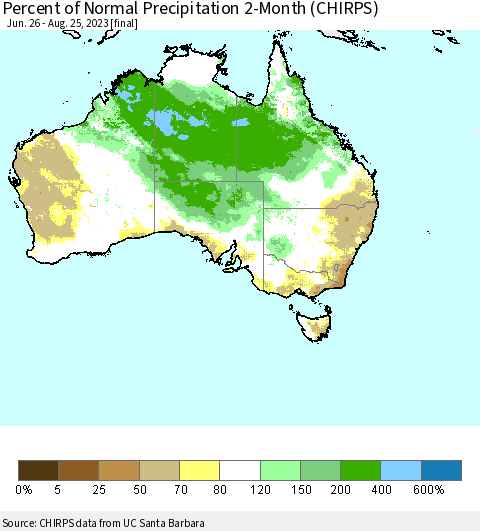 Australia Percent of Normal Precipitation 2-Month (CHIRPS) Thematic Map For 6/26/2023 - 8/25/2023