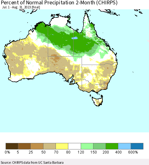 Australia Percent of Normal Precipitation 2-Month (CHIRPS) Thematic Map For 7/1/2023 - 8/31/2023