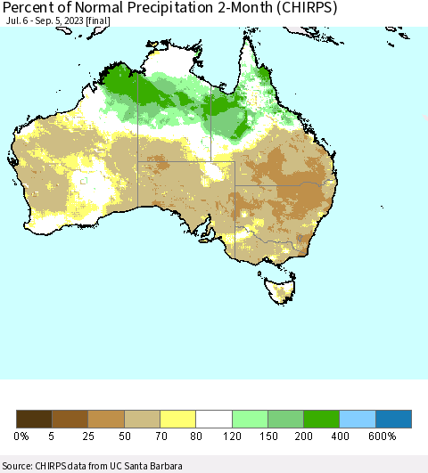 Australia Percent of Normal Precipitation 2-Month (CHIRPS) Thematic Map For 7/6/2023 - 9/5/2023