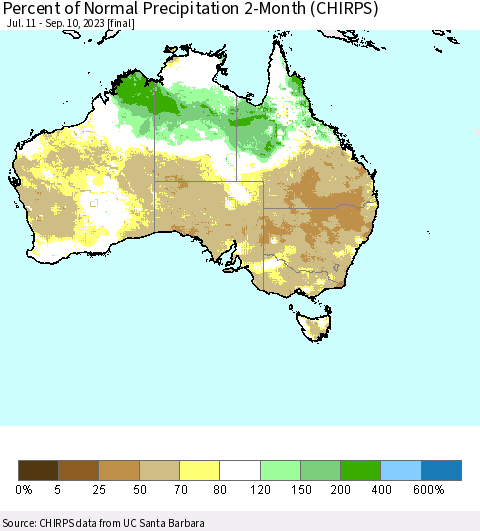 Australia Percent of Normal Precipitation 2-Month (CHIRPS) Thematic Map For 7/11/2023 - 9/10/2023