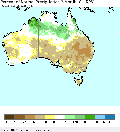 Australia Percent of Normal Precipitation 2-Month (CHIRPS) Thematic Map For 7/16/2023 - 9/15/2023
