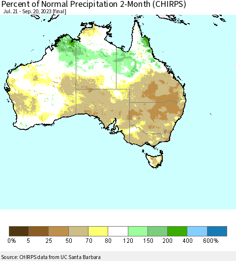 Australia Percent of Normal Precipitation 2-Month (CHIRPS) Thematic Map For 7/21/2023 - 9/20/2023