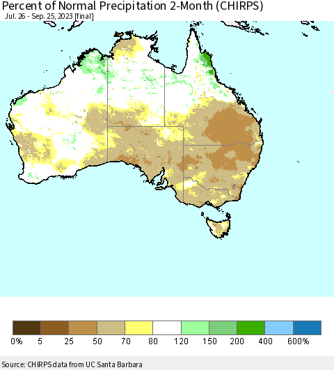 Australia Percent of Normal Precipitation 2-Month (CHIRPS) Thematic Map For 7/26/2023 - 9/25/2023