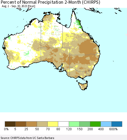 Australia Percent of Normal Precipitation 2-Month (CHIRPS) Thematic Map For 8/1/2023 - 9/30/2023