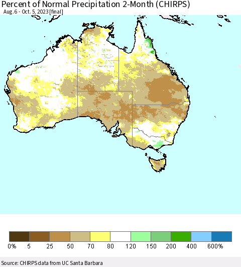 Australia Percent of Normal Precipitation 2-Month (CHIRPS) Thematic Map For 8/6/2023 - 10/5/2023