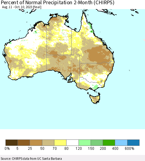 Australia Percent of Normal Precipitation 2-Month (CHIRPS) Thematic Map For 8/11/2023 - 10/10/2023