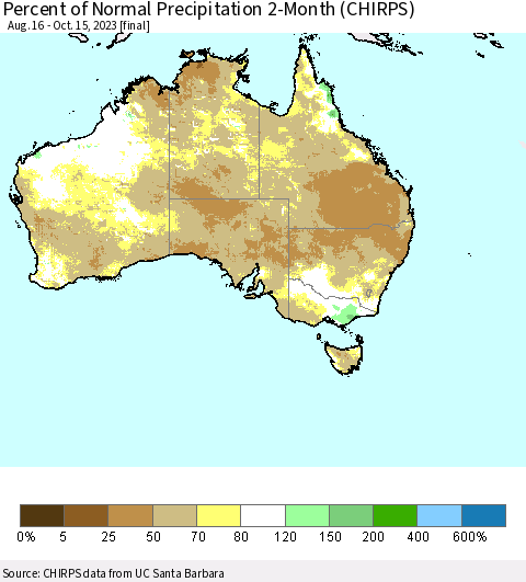 Australia Percent of Normal Precipitation 2-Month (CHIRPS) Thematic Map For 8/16/2023 - 10/15/2023