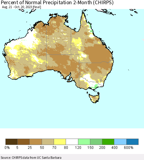 Australia Percent of Normal Precipitation 2-Month (CHIRPS) Thematic Map For 8/21/2023 - 10/20/2023