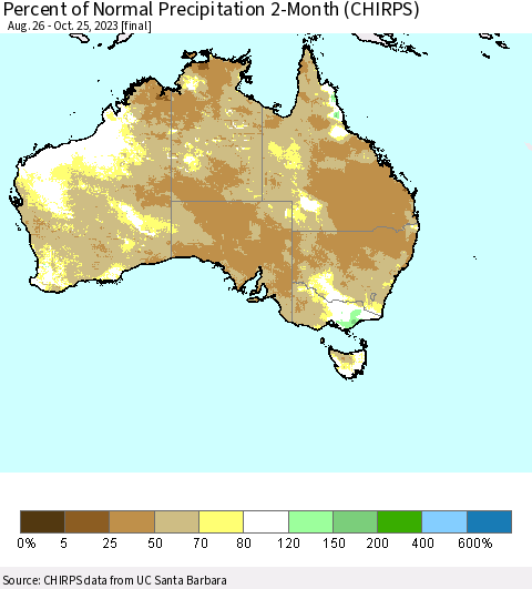 Australia Percent of Normal Precipitation 2-Month (CHIRPS) Thematic Map For 8/26/2023 - 10/25/2023