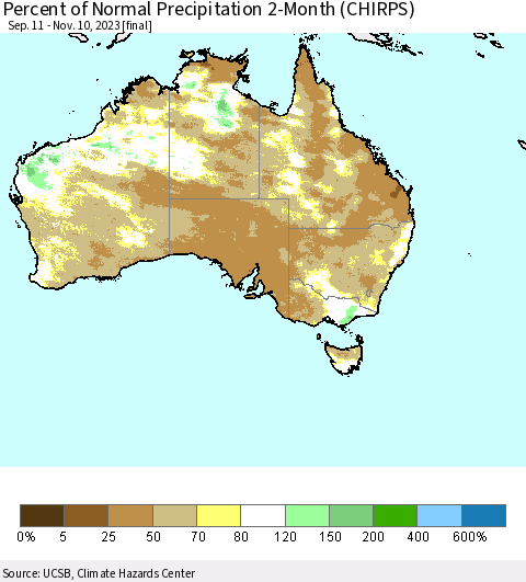 Australia Percent of Normal Precipitation 2-Month (CHIRPS) Thematic Map For 9/11/2023 - 11/10/2023
