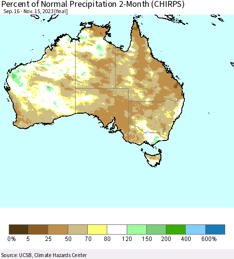 Australia Percent of Normal Precipitation 2-Month (CHIRPS) Thematic Map For 9/16/2023 - 11/15/2023
