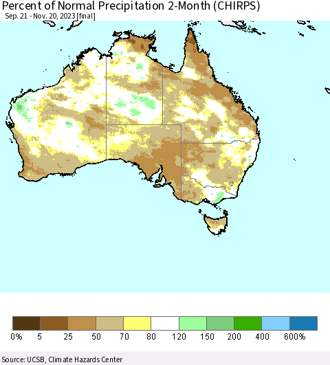 Australia Percent of Normal Precipitation 2-Month (CHIRPS) Thematic Map For 9/21/2023 - 11/20/2023