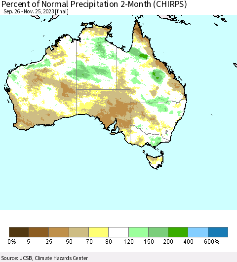 Australia Percent of Normal Precipitation 2-Month (CHIRPS) Thematic Map For 9/26/2023 - 11/25/2023