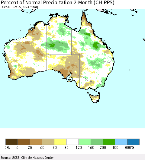 Australia Percent of Normal Precipitation 2-Month (CHIRPS) Thematic Map For 10/6/2023 - 12/5/2023