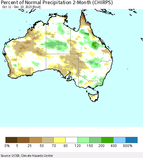 Australia Percent of Normal Precipitation 2-Month (CHIRPS) Thematic Map For 10/11/2023 - 12/10/2023