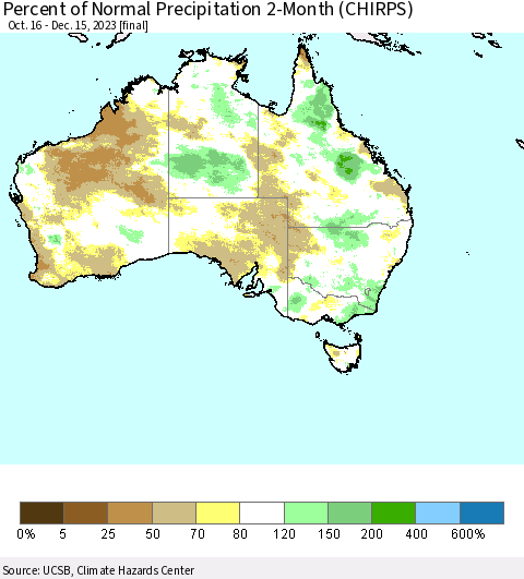 Australia Percent of Normal Precipitation 2-Month (CHIRPS) Thematic Map For 10/16/2023 - 12/15/2023