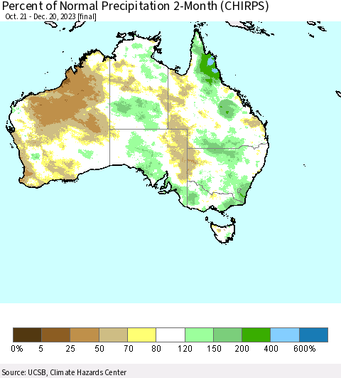 Australia Percent of Normal Precipitation 2-Month (CHIRPS) Thematic Map For 10/21/2023 - 12/20/2023