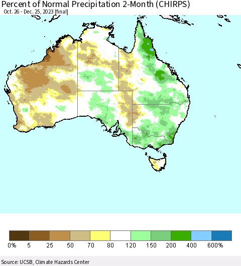 Australia Percent of Normal Precipitation 2-Month (CHIRPS) Thematic Map For 10/26/2023 - 12/25/2023