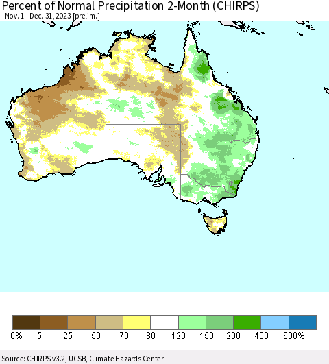 Australia Percent of Normal Precipitation 2-Month (CHIRPS) Thematic Map For 11/1/2023 - 12/31/2023