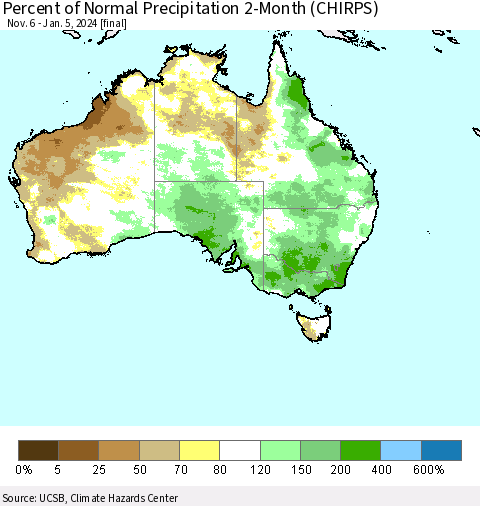 Australia Percent of Normal Precipitation 2-Month (CHIRPS) Thematic Map For 11/6/2023 - 1/5/2024