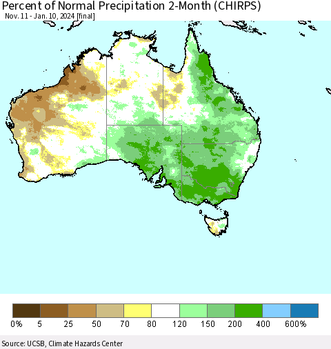 Australia Percent of Normal Precipitation 2-Month (CHIRPS) Thematic Map For 11/11/2023 - 1/10/2024