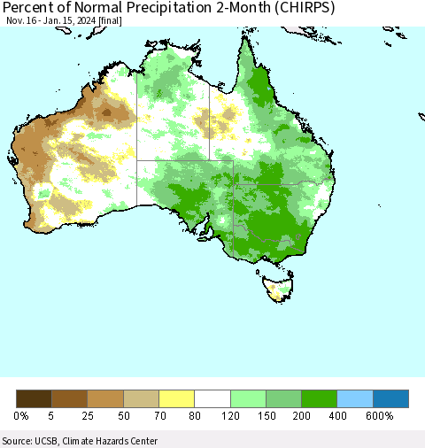 Australia Percent of Normal Precipitation 2-Month (CHIRPS) Thematic Map For 11/16/2023 - 1/15/2024
