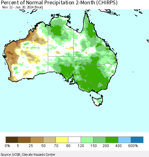 Australia Percent of Normal Precipitation 2-Month (CHIRPS) Thematic Map For 11/21/2023 - 1/20/2024