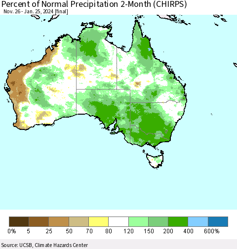 Australia Percent of Normal Precipitation 2-Month (CHIRPS) Thematic Map For 11/26/2023 - 1/25/2024