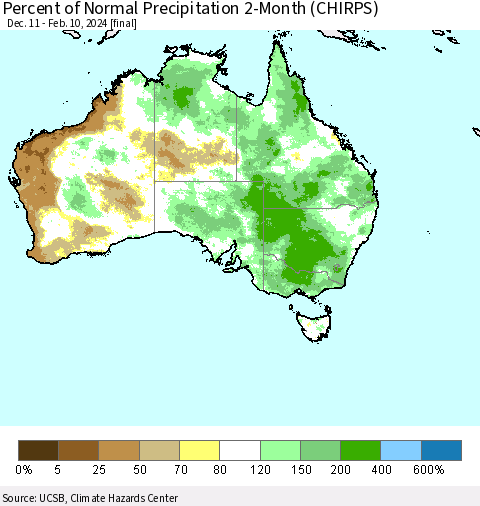 Australia Percent of Normal Precipitation 2-Month (CHIRPS) Thematic Map For 12/11/2023 - 2/10/2024