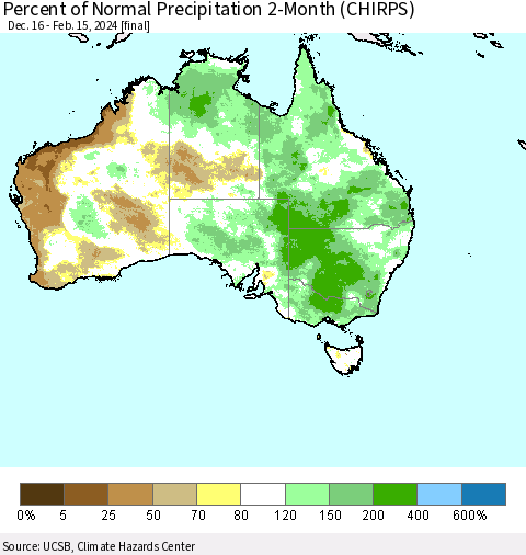 Australia Percent of Normal Precipitation 2-Month (CHIRPS) Thematic Map For 12/16/2023 - 2/15/2024