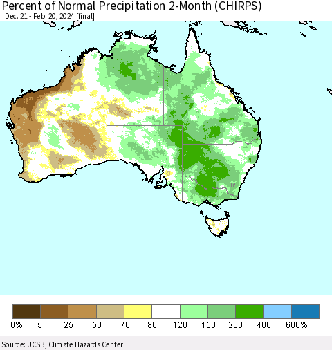 Australia Percent of Normal Precipitation 2-Month (CHIRPS) Thematic Map For 12/21/2023 - 2/20/2024