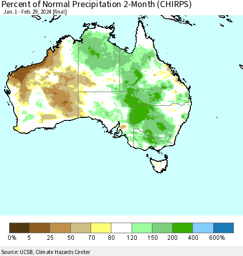 Australia Percent of Normal Precipitation 2-Month (CHIRPS) Thematic Map For 1/1/2024 - 2/29/2024