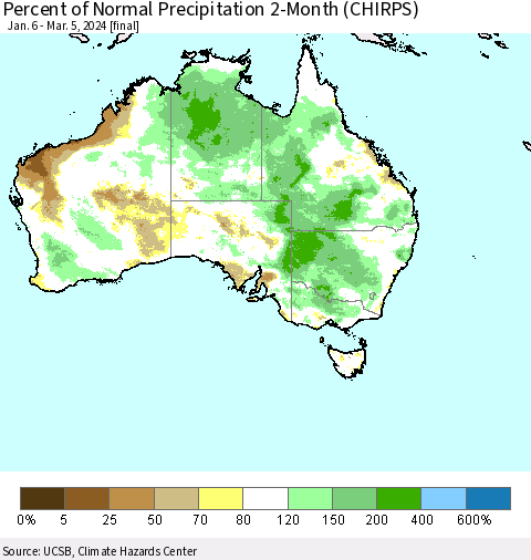 Australia Percent of Normal Precipitation 2-Month (CHIRPS) Thematic Map For 1/6/2024 - 3/5/2024