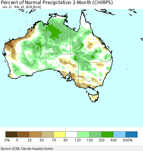 Australia Percent of Normal Precipitation 2-Month (CHIRPS) Thematic Map For 1/11/2024 - 3/10/2024