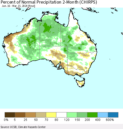 Australia Percent of Normal Precipitation 2-Month (CHIRPS) Thematic Map For 1/16/2024 - 3/15/2024