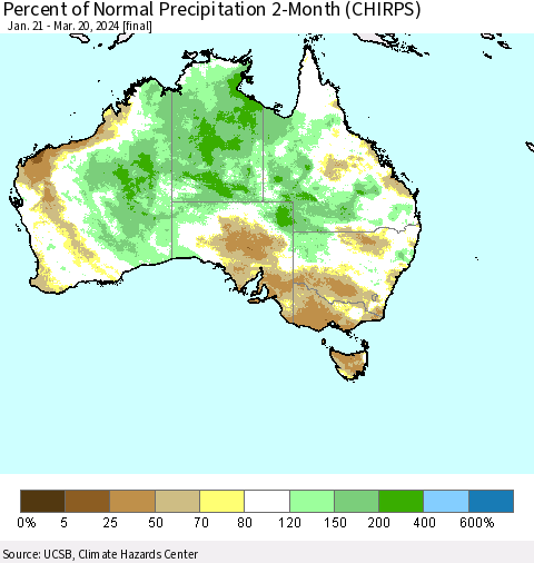 Australia Percent of Normal Precipitation 2-Month (CHIRPS) Thematic Map For 1/21/2024 - 3/20/2024