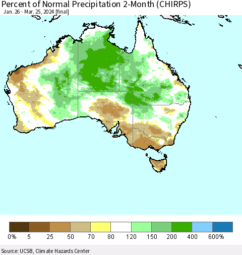 Australia Percent of Normal Precipitation 2-Month (CHIRPS) Thematic Map For 1/26/2024 - 3/25/2024