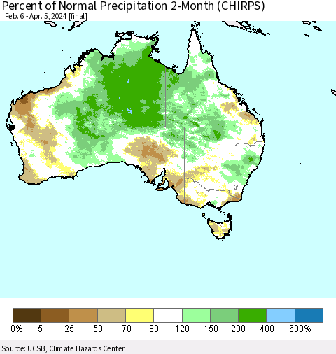 Australia Percent of Normal Precipitation 2-Month (CHIRPS) Thematic Map For 2/6/2024 - 4/5/2024