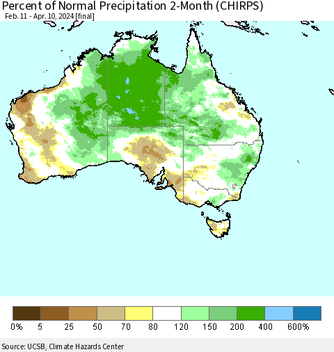 Australia Percent of Normal Precipitation 2-Month (CHIRPS) Thematic Map For 2/11/2024 - 4/10/2024