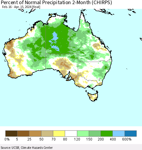 Australia Percent of Normal Precipitation 2-Month (CHIRPS) Thematic Map For 2/16/2024 - 4/15/2024