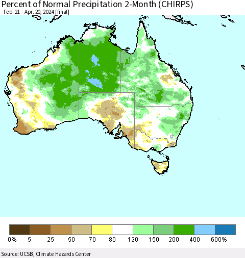 Australia Percent of Normal Precipitation 2-Month (CHIRPS) Thematic Map For 2/21/2024 - 4/20/2024