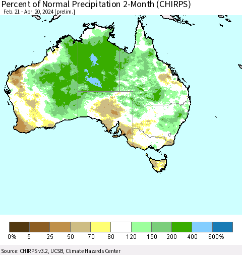 Australia Percent of Normal Precipitation 2-Month (CHIRPS) Thematic Map For 2/21/2024 - 4/20/2024