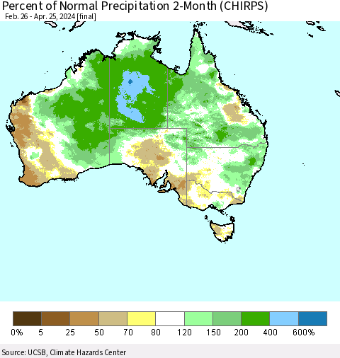 Australia Percent of Normal Precipitation 2-Month (CHIRPS) Thematic Map For 2/26/2024 - 4/25/2024