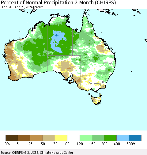 Australia Percent of Normal Precipitation 2-Month (CHIRPS) Thematic Map For 2/26/2024 - 4/25/2024