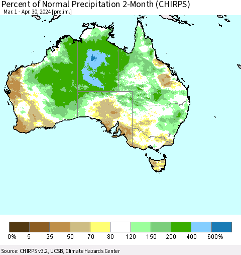 Australia Percent of Normal Precipitation 2-Month (CHIRPS) Thematic Map For 3/1/2024 - 4/30/2024