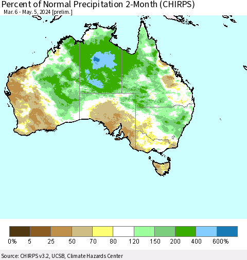 Australia Percent of Normal Precipitation 2-Month (CHIRPS) Thematic Map For 3/6/2024 - 5/5/2024