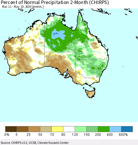 Australia Percent of Normal Precipitation 2-Month (CHIRPS) Thematic Map For 3/11/2024 - 5/10/2024