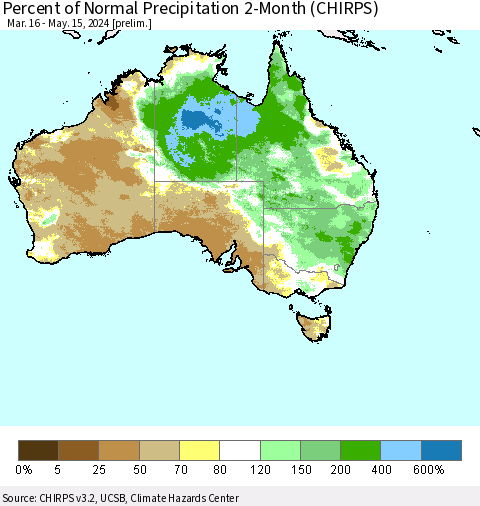 Australia Percent of Normal Precipitation 2-Month (CHIRPS) Thematic Map For 3/16/2024 - 5/15/2024